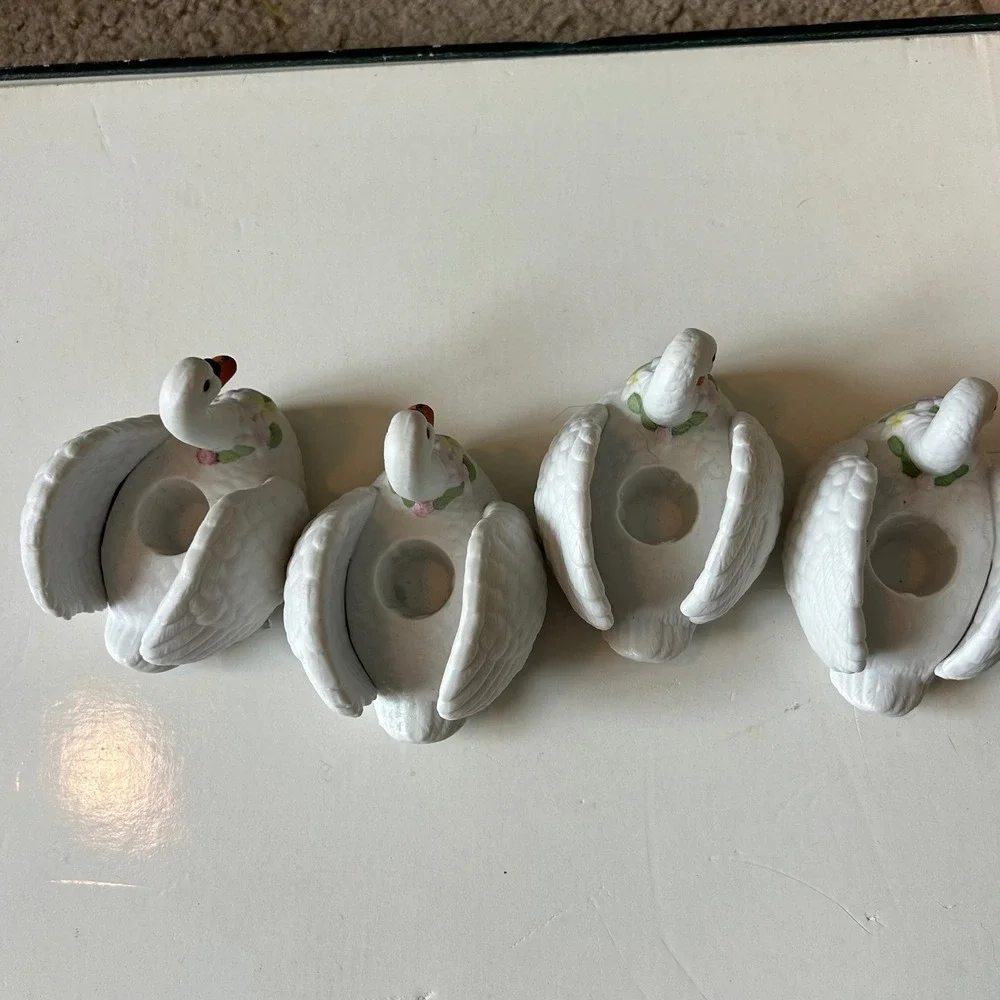 Schmid 1989 Vintage White Ceramic Swan Candle Holders Set of 4 Floral Accents